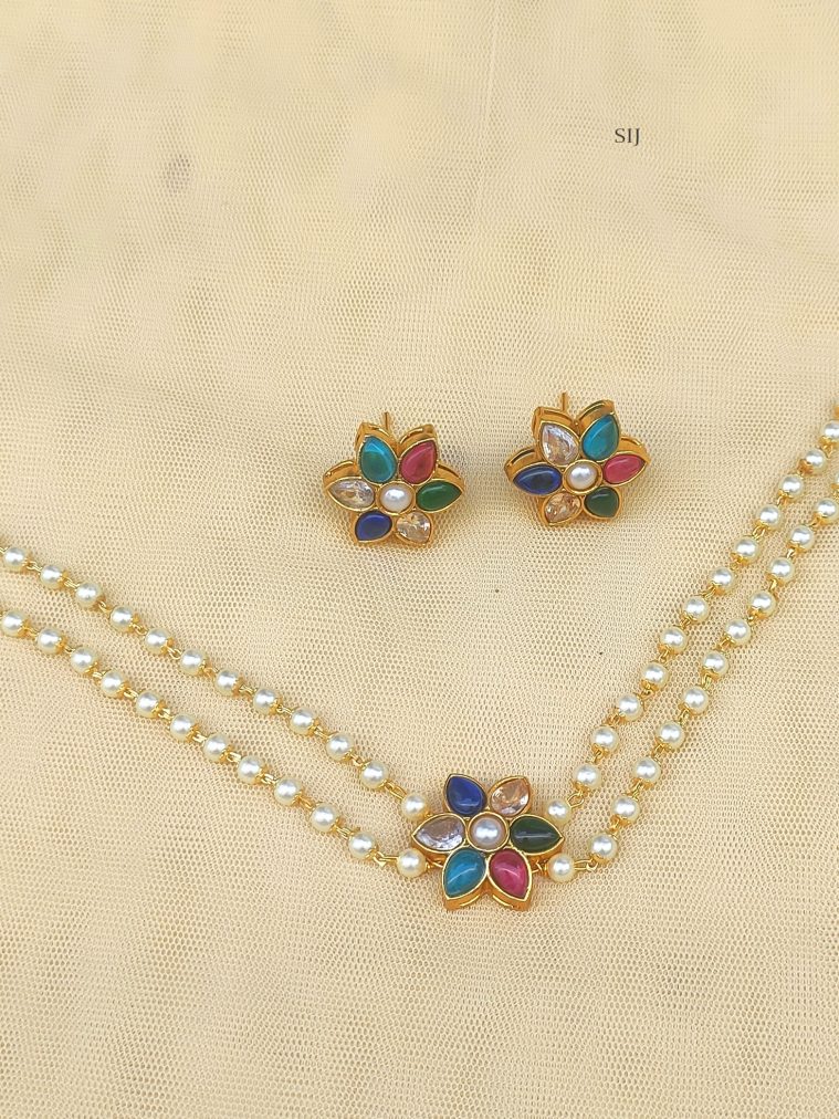 Two Layers Pearl Choker with Multi Stone Flower Pendant