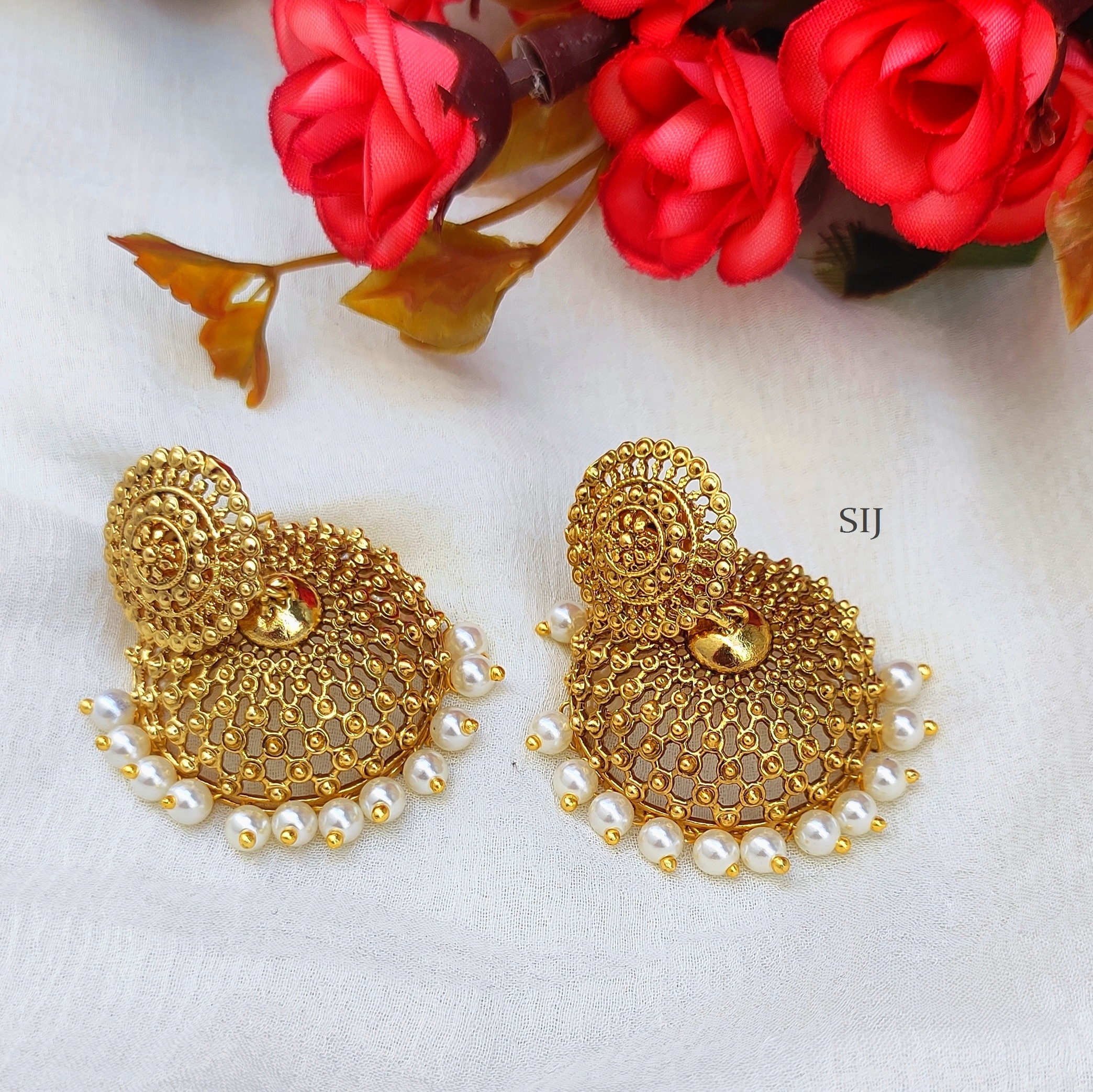 Gold Plated Jhumkas With Pearl Hangings