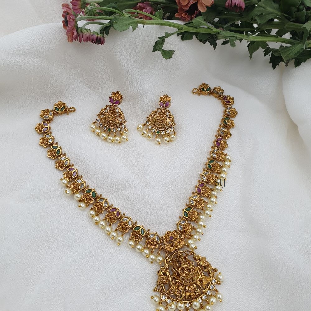 Artificial Floral Design Lakshmi Pendant Necklace Set With Pearl Hanging