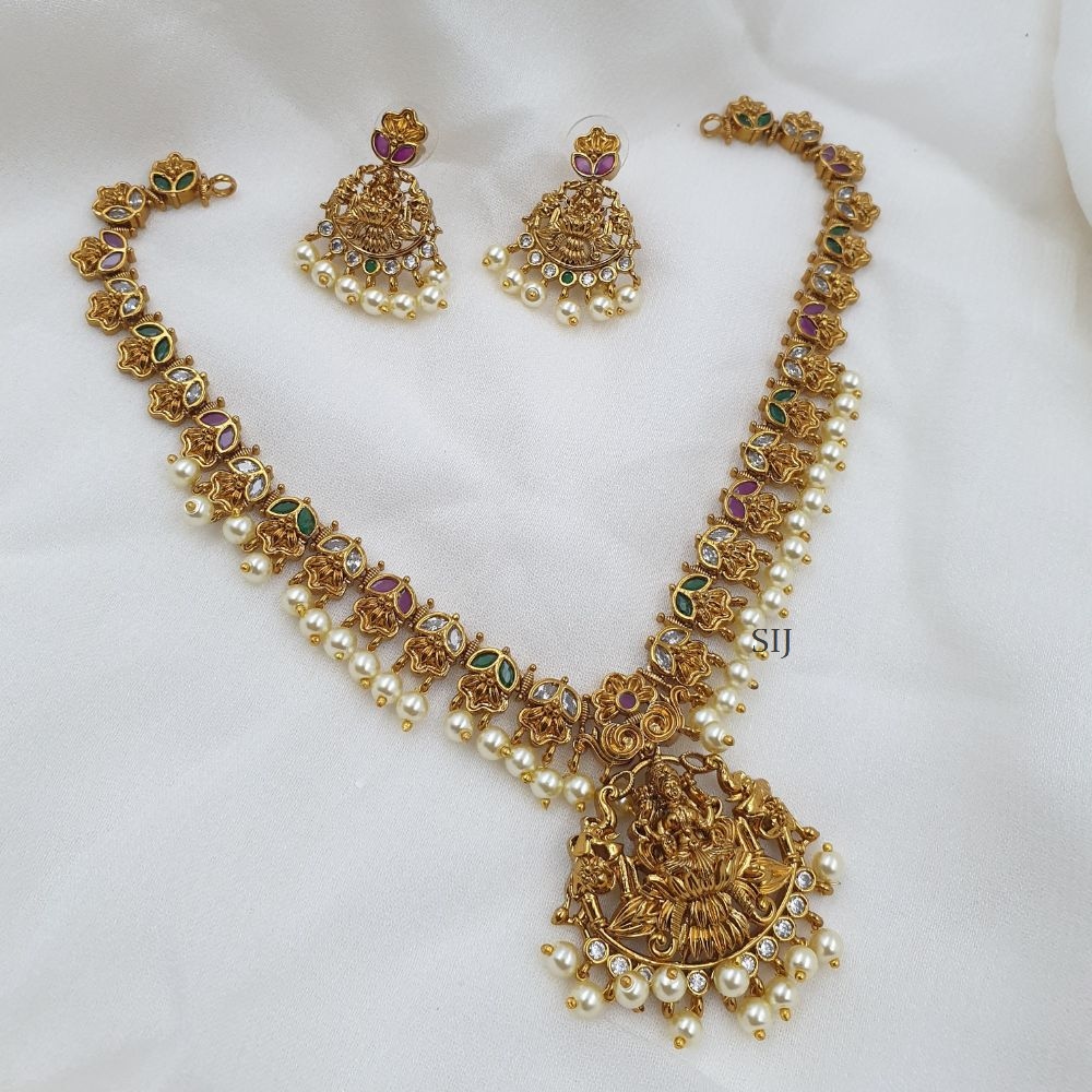 Artificial Floral Design Lakshmi Pendant Necklace Set With Pearl Hanging
