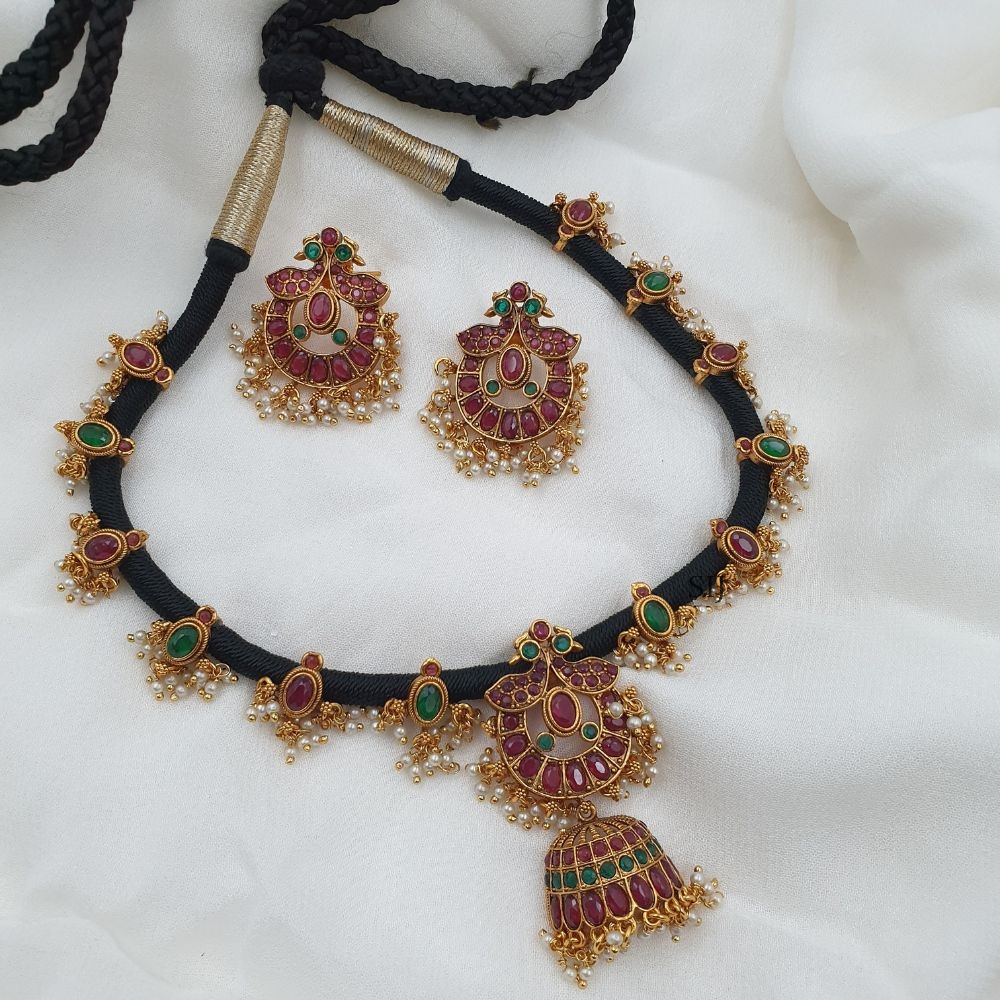 Dual Peacock Jhumka Pendant Black Thread Necklace Set