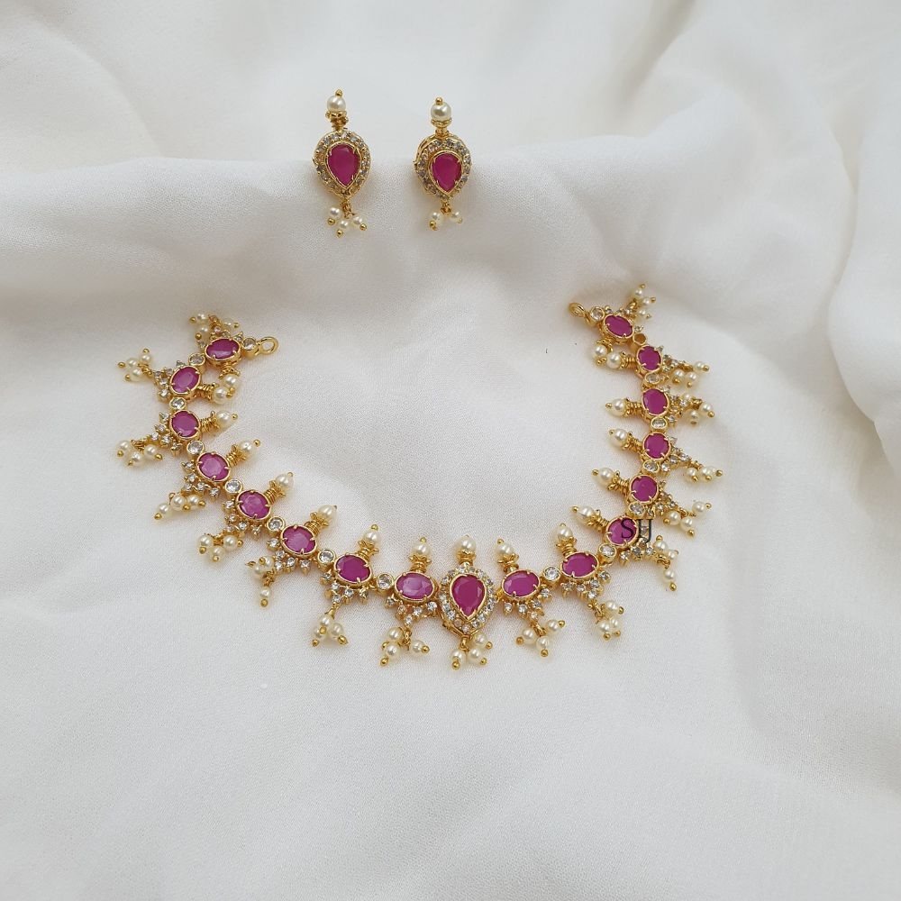 Imitation Ruby Stone Necklace Set With Pearl Hangings