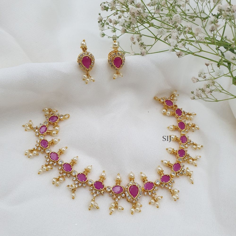 Imitation Ruby Stone Necklace Set With Pearl Hangings