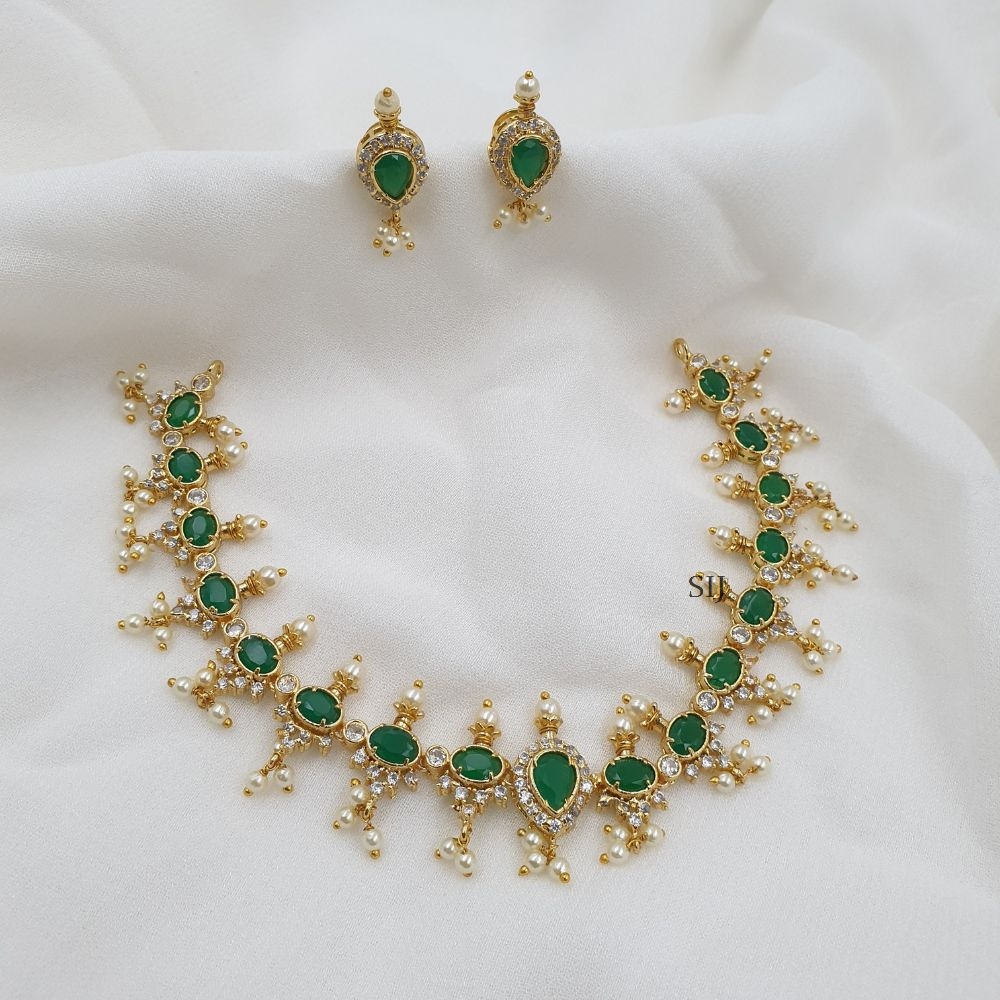 Artificial Green Stone Necklace Set With Pearl Hangings