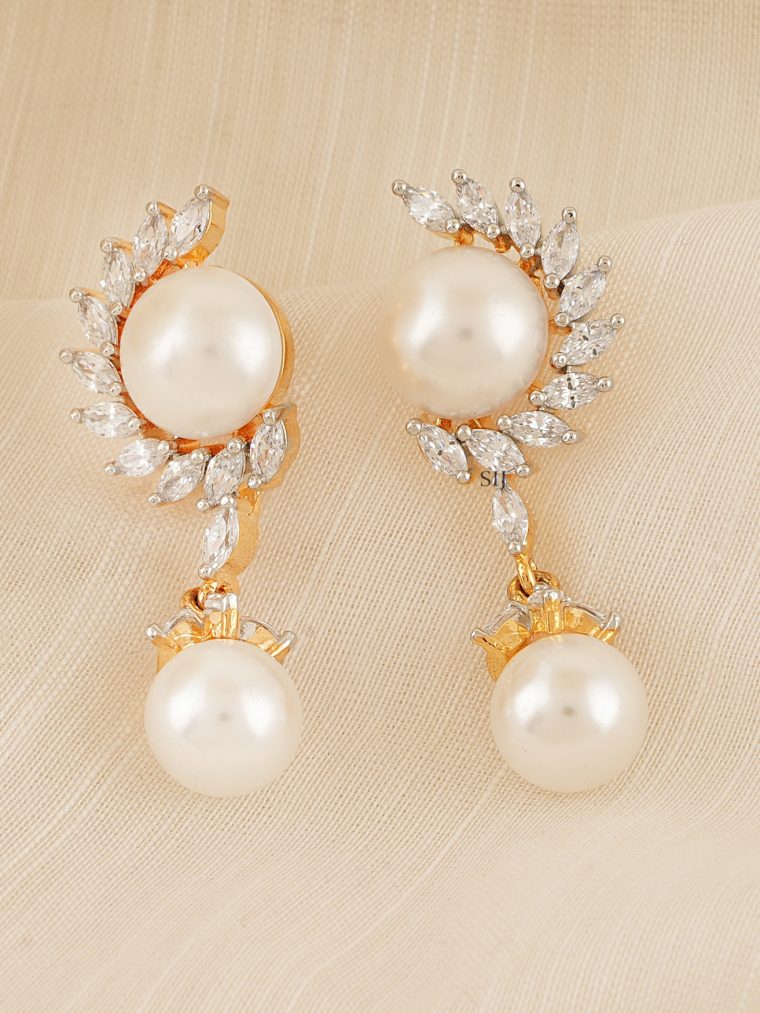 Gold Plated Pearl Drop CZ Stones Earrings