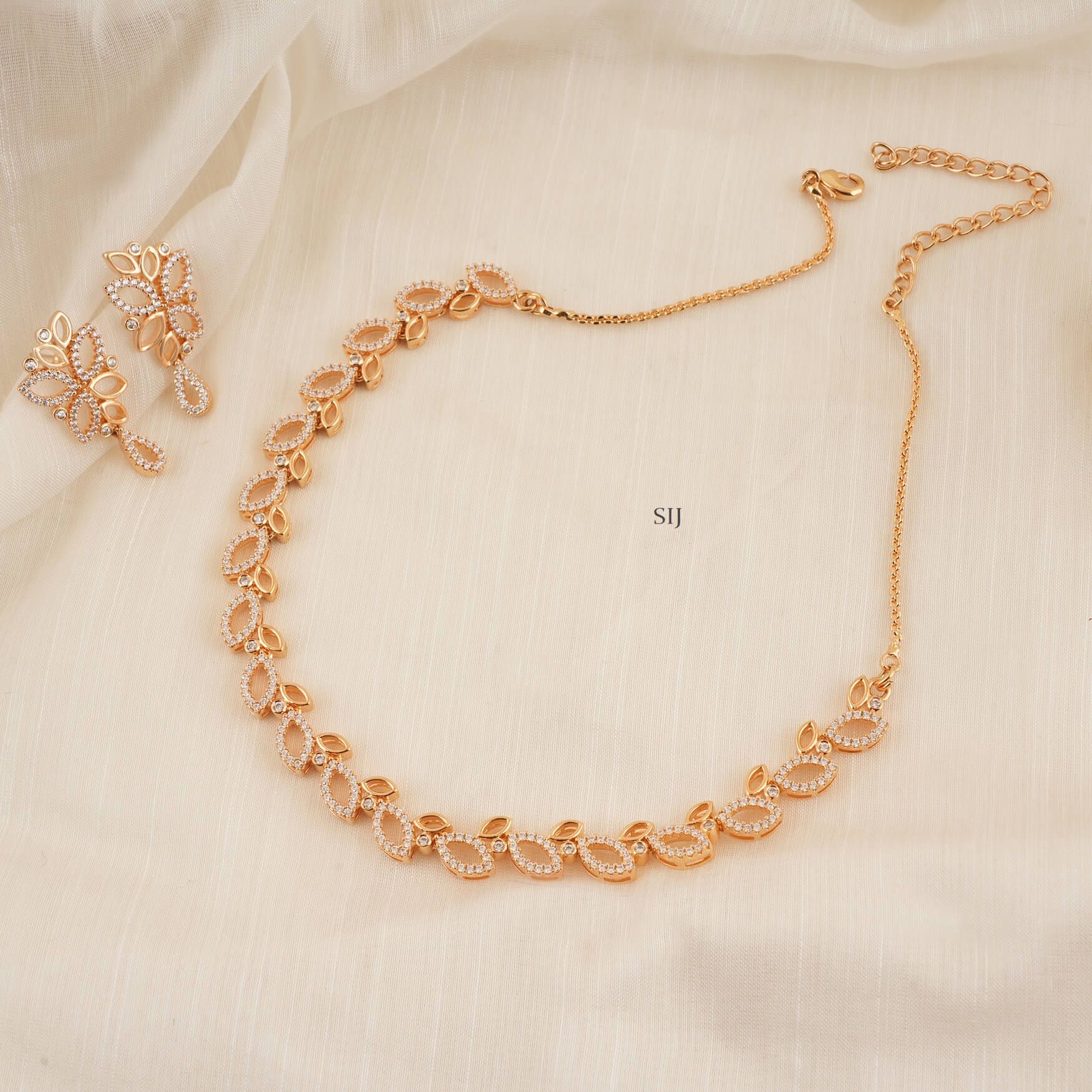 One Gram Gold Leaf Design CZ Stones Necklace Set
