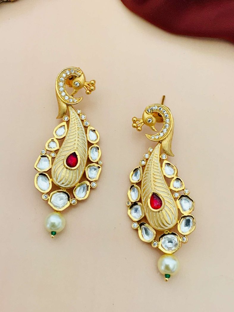 Gold Plated Kundan Peacock Design Earrings with Red Stone