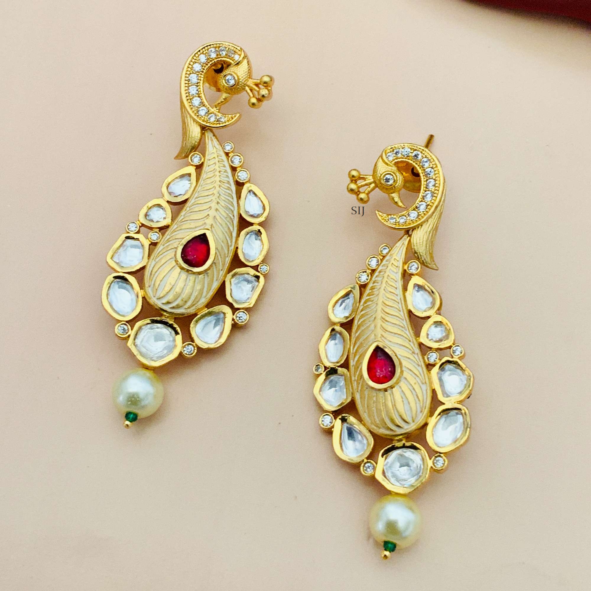 Gold Plated Kundan Peacock Design Earrings with Red Stone