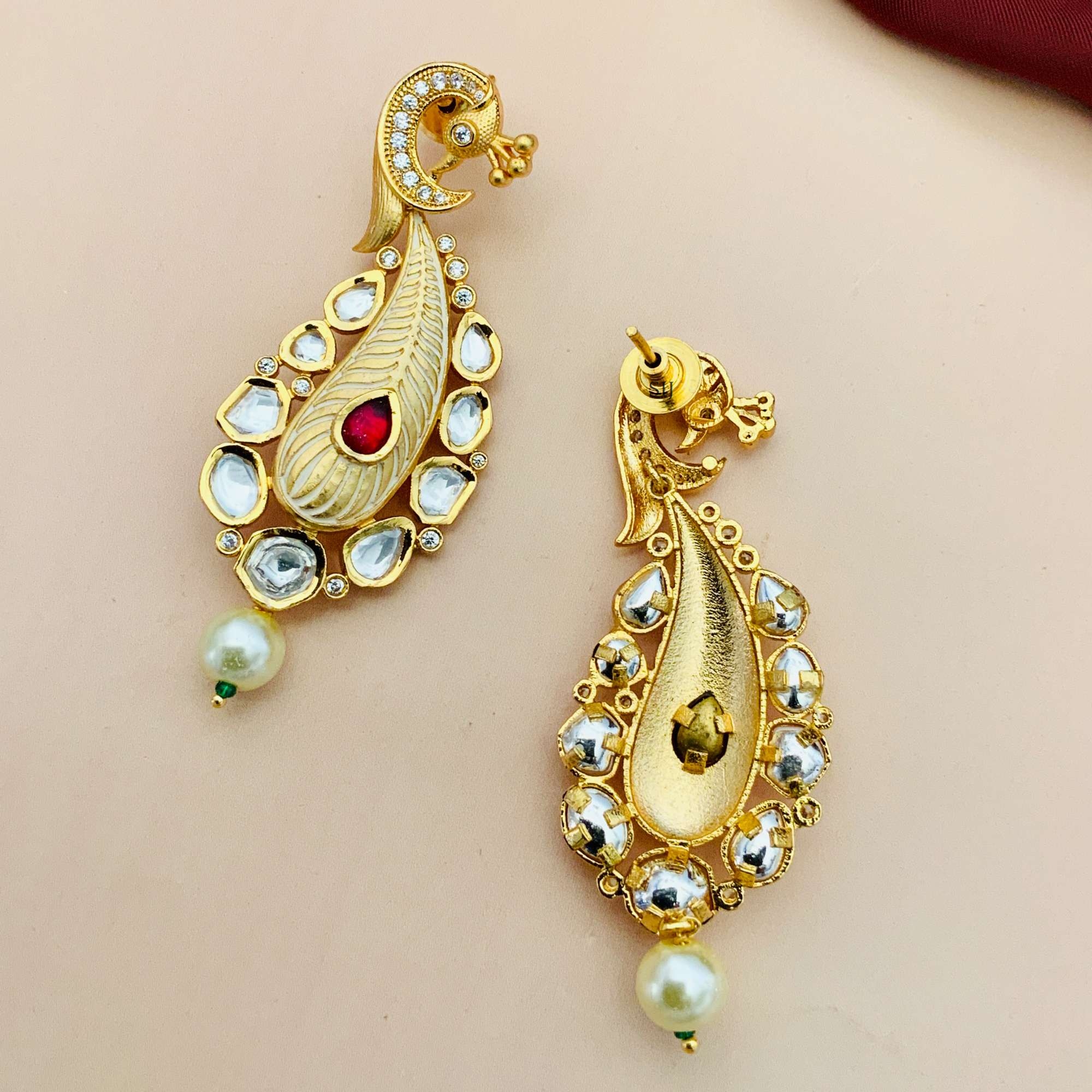 Gold Plated Kundan Peacock Design Earrings with Red Stone