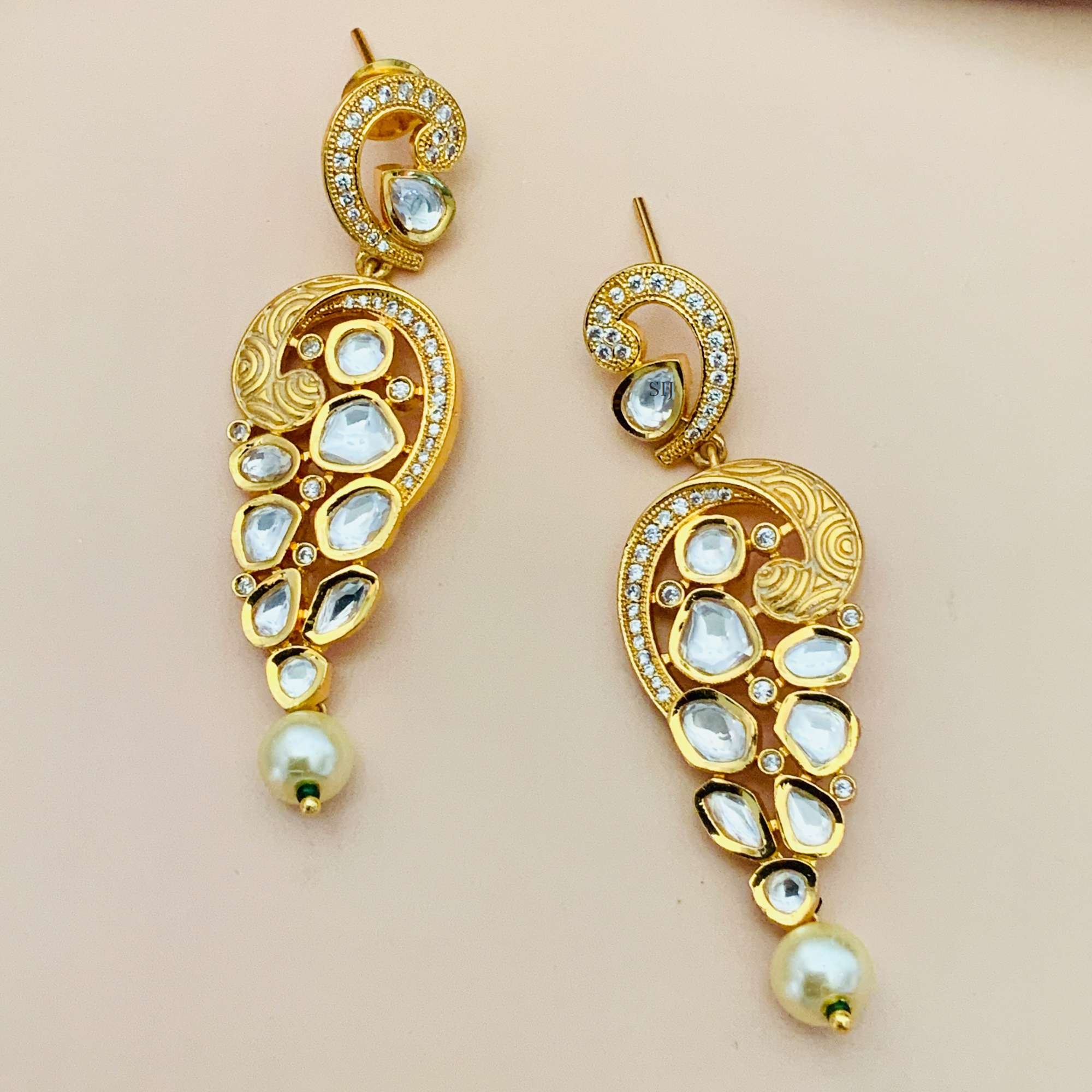 Artificial Stones and Kundan Peacock Design Earrings