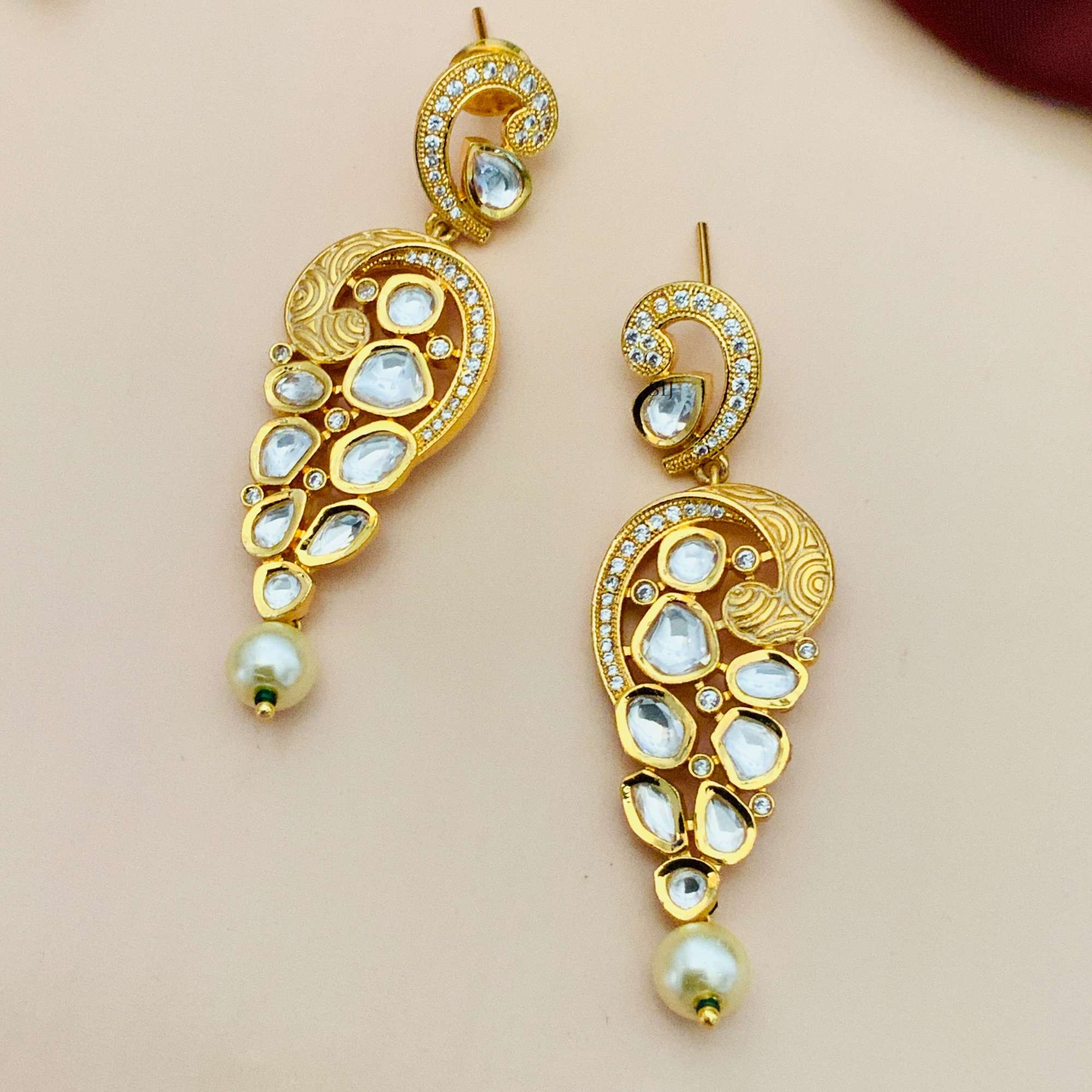 Artificial Stones and Kundan Peacock Design Earrings