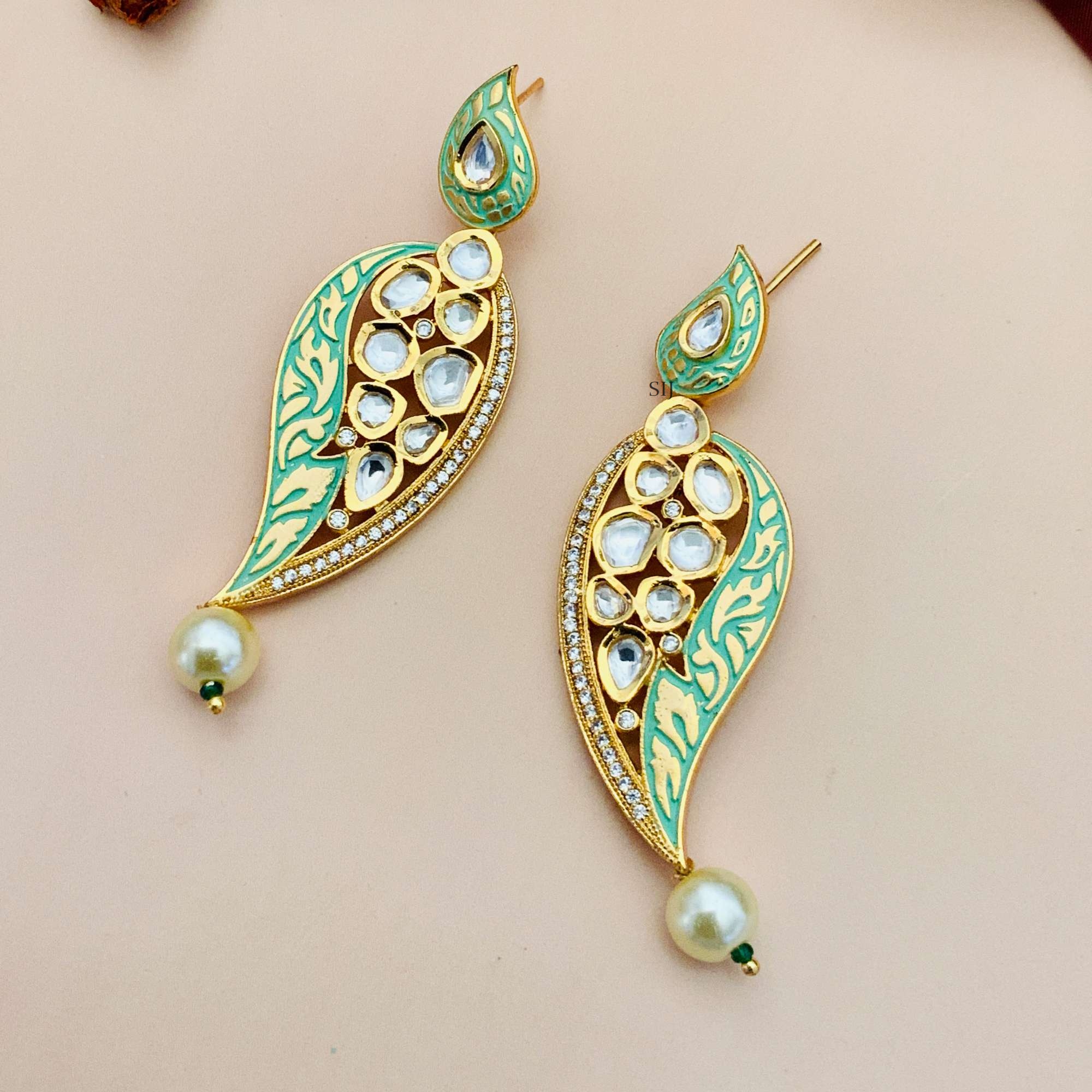 Artificial Green Earrings with Kundans