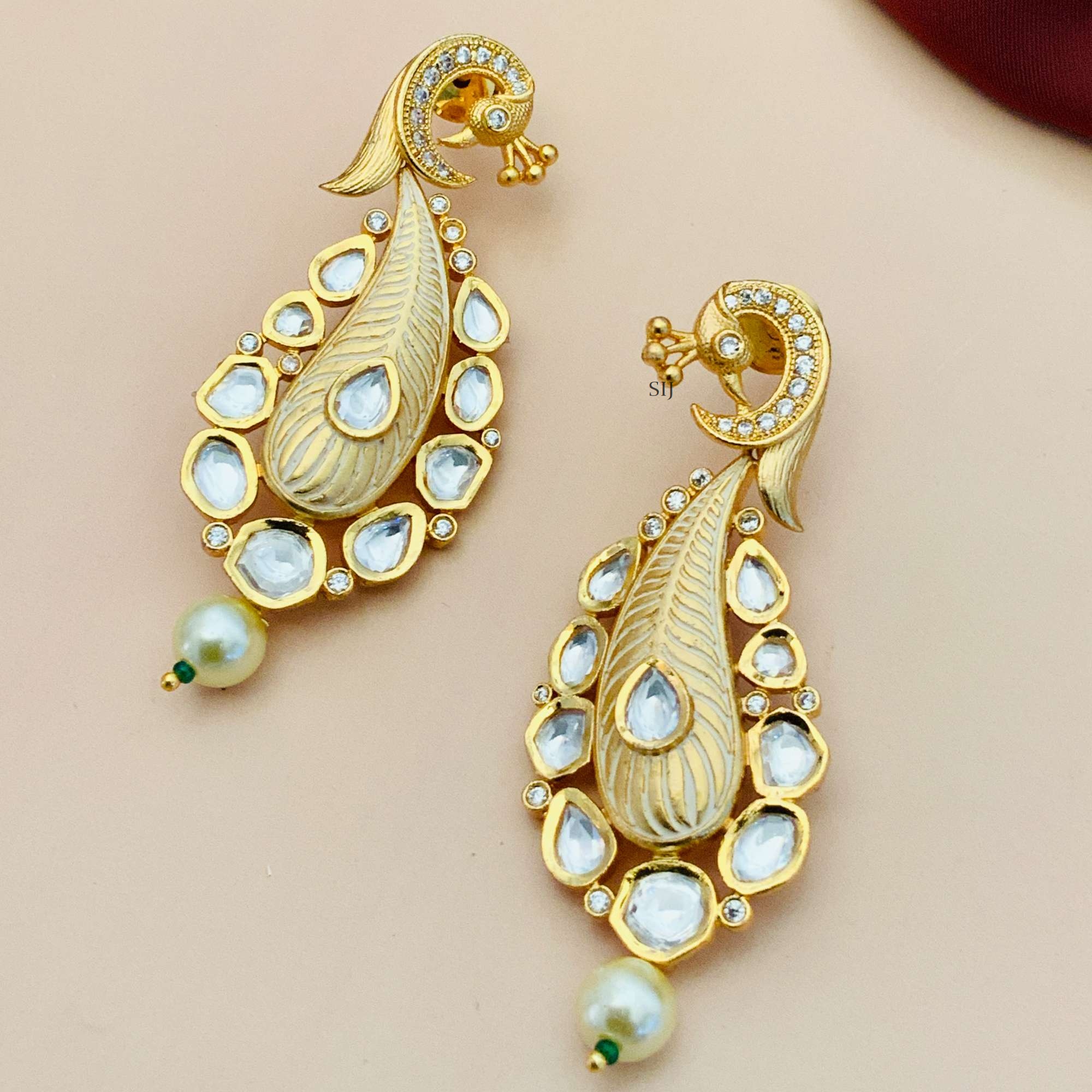 Imitation Kundan Peacock Design Earrings with White Stone