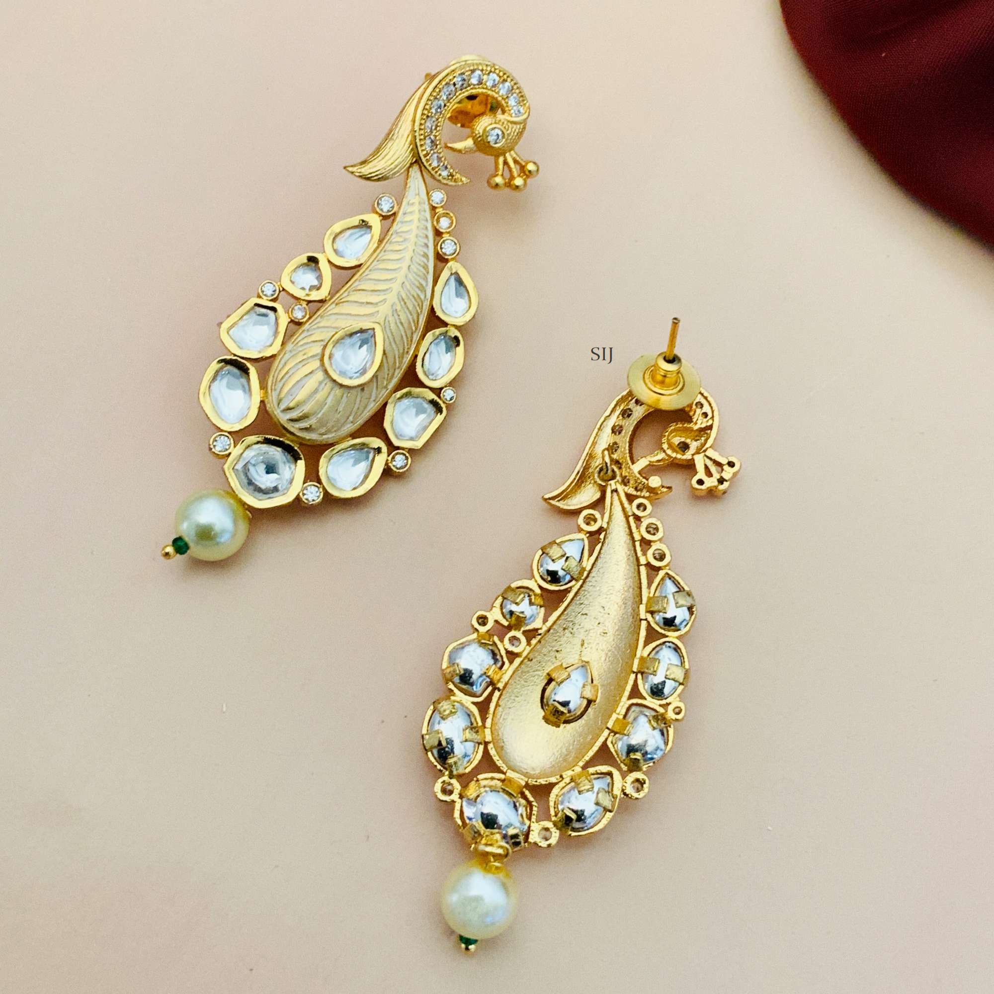 Imitation Kundan Peacock Design Earrings with White Stone