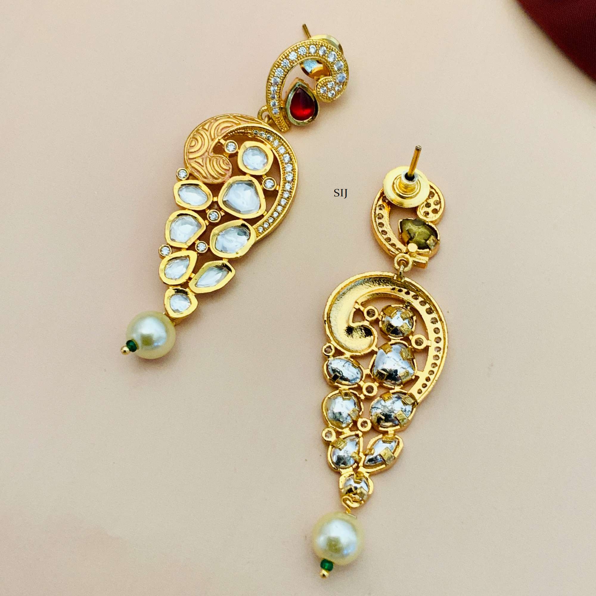 Gold Plated Kundan Studded Peacock Design Earrings