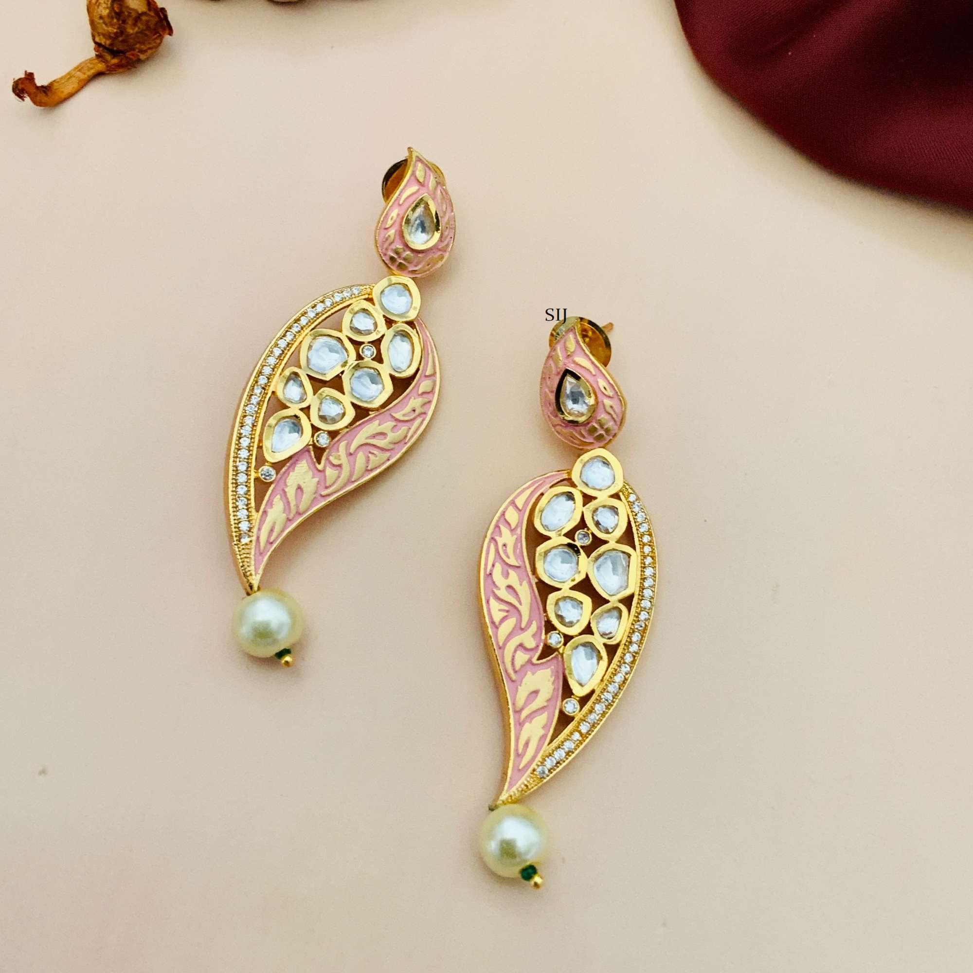 Artificial Light Pink Earrings with Kundans