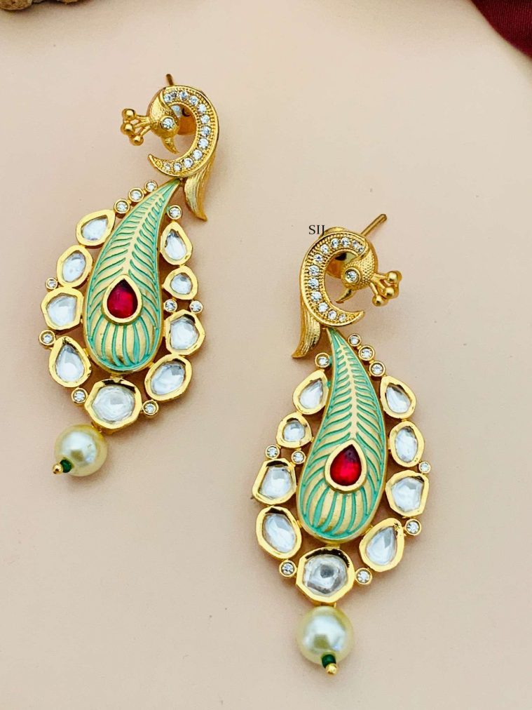 Gold Plated Kundan Peacock Design Earrings with Red Stone