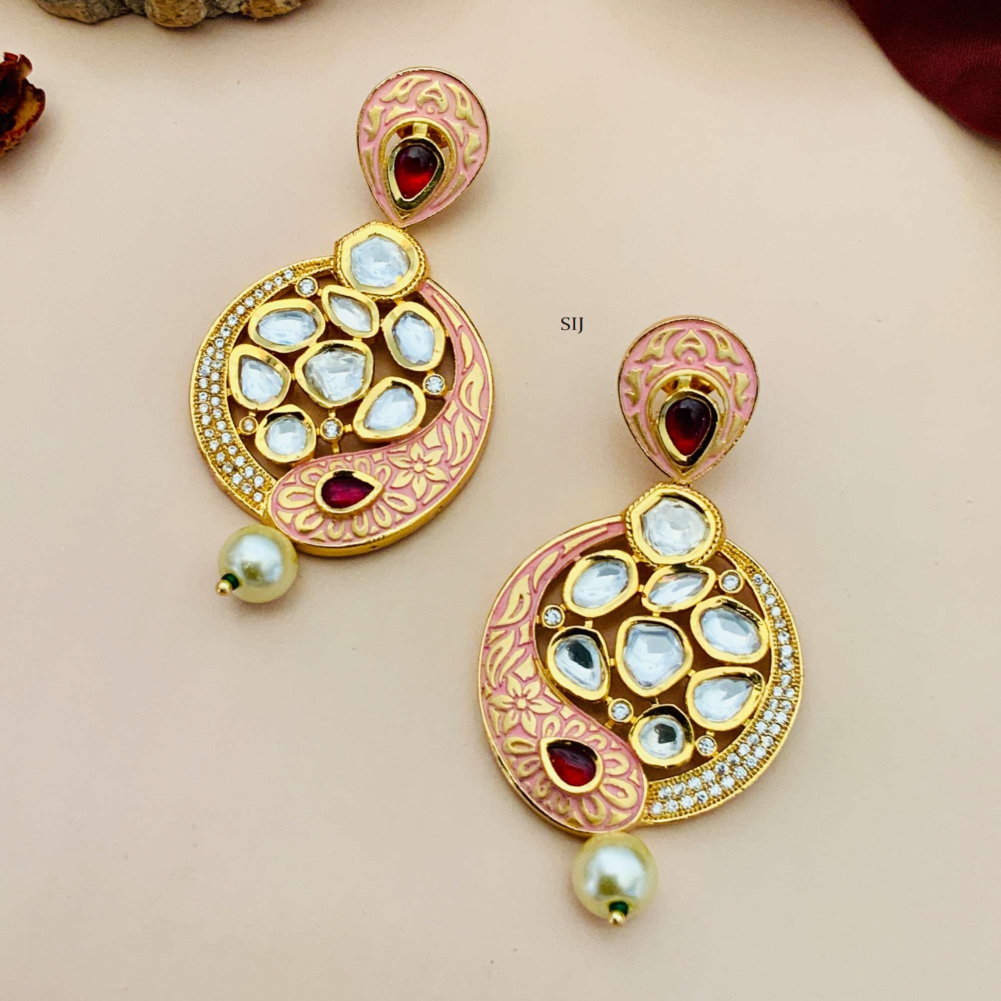 Imitation Light Pink Dangler Earrings with Kundans