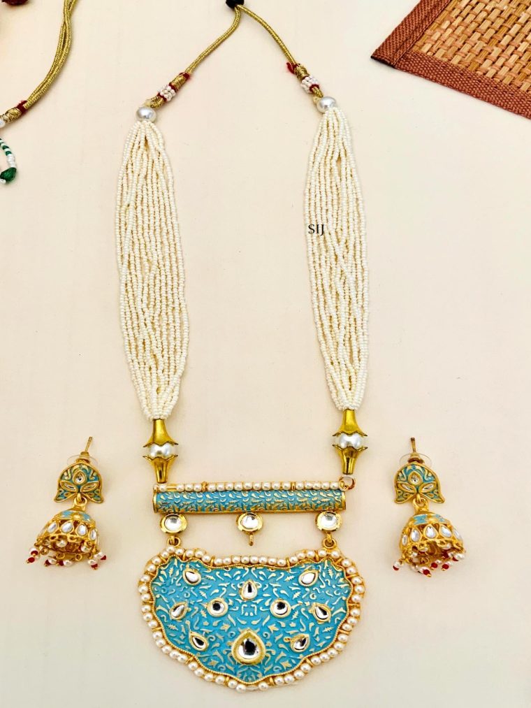 Multi Layers Pearl Beaded Haram with Kundan Studded Blue Pendant