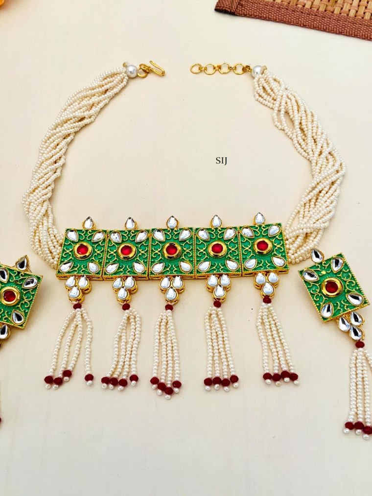 Kundan Studded Green Pendant with Multi Layers Pearl Beaded Choker