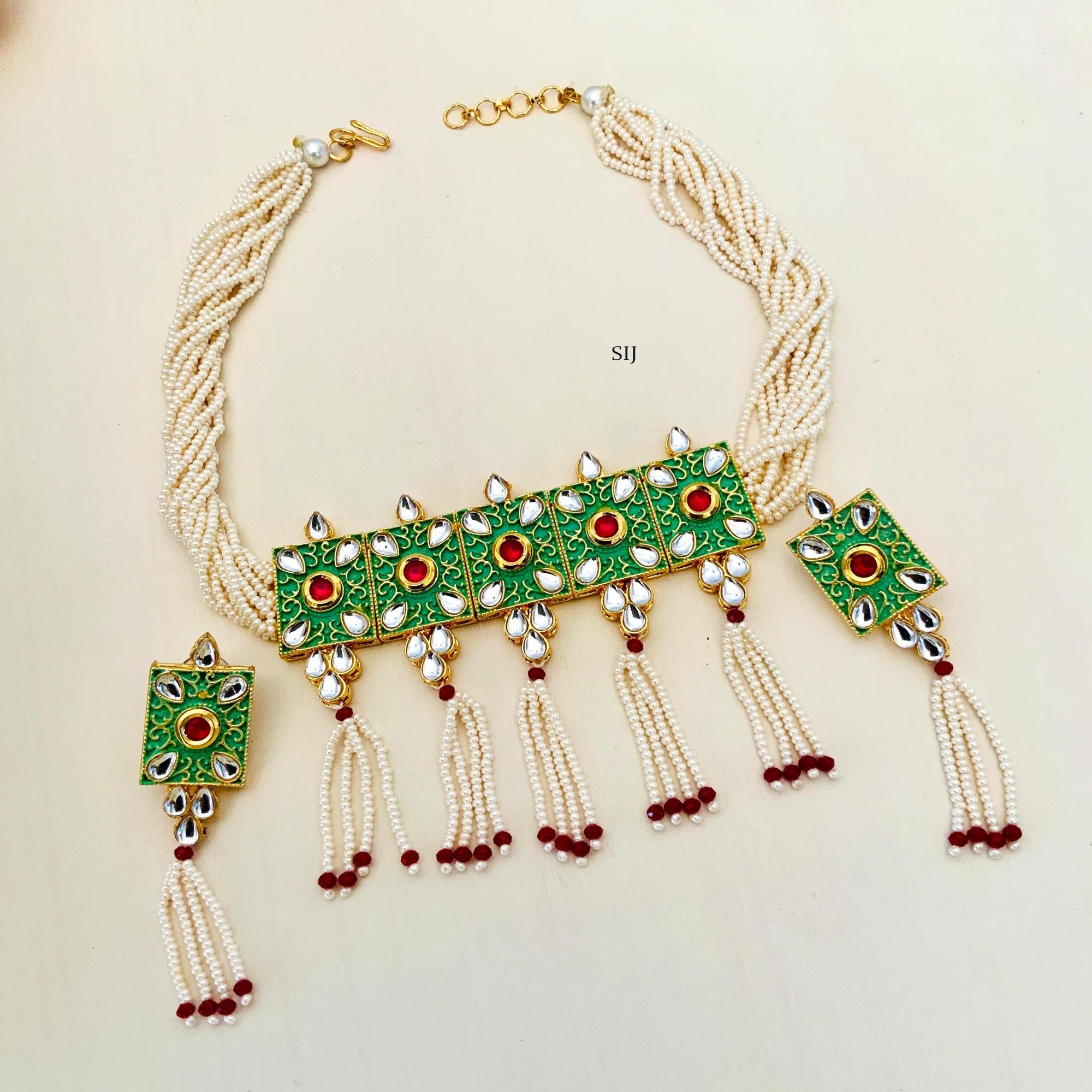 Kundan Studded Green Pendant with Multi Layers Pearl Beaded Choker