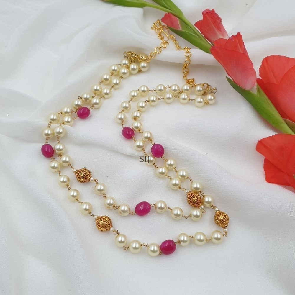 Ruby, Gold And Pearl Beaded Chain Set