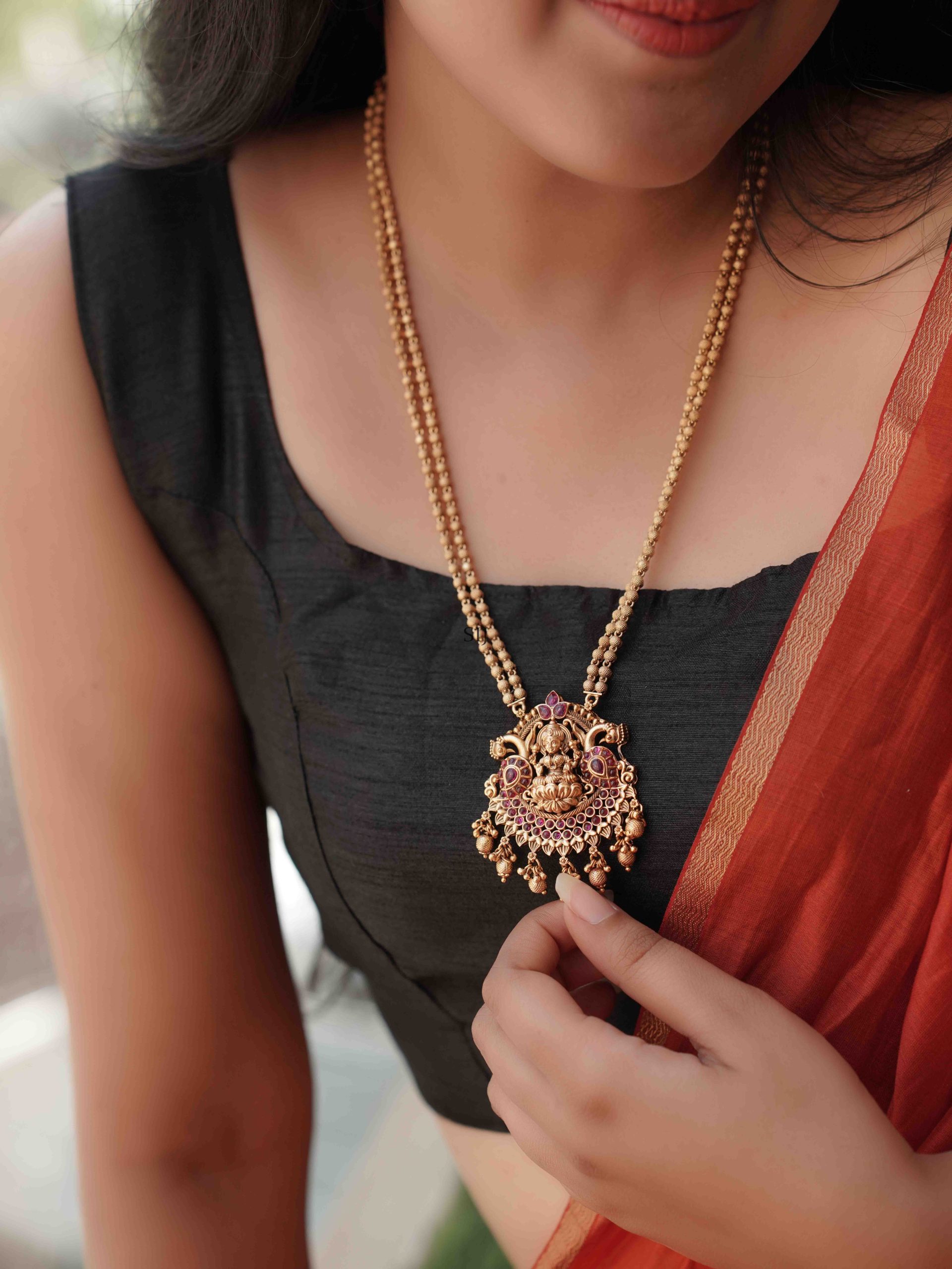 Traditional Gold Beads Haram with Lakshmi Pendant