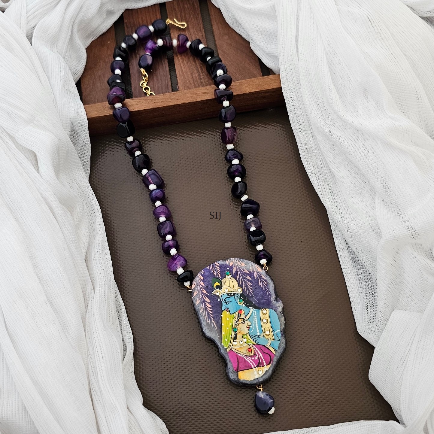 Artificial Purple & White Beads with Radhakrishna Pendant Necklace