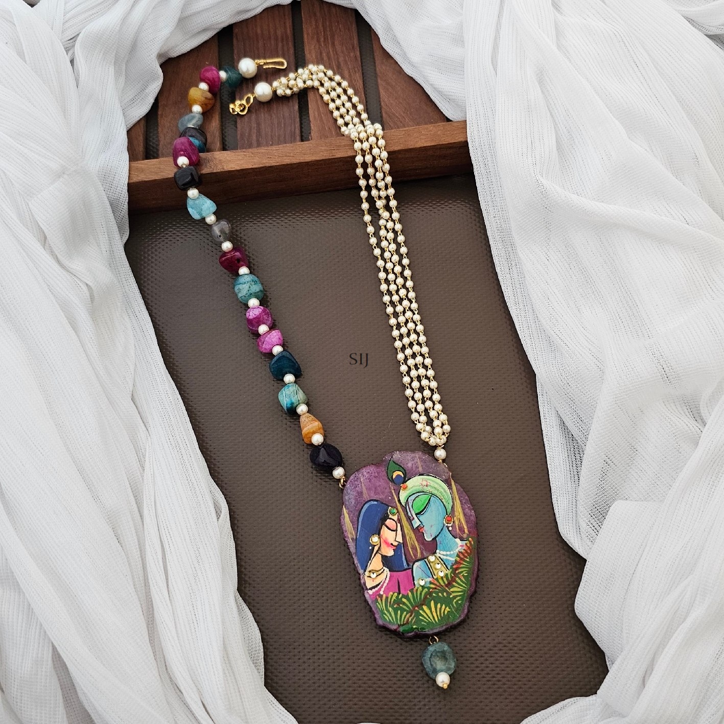 Artificial Radhakrishna Pendant with Multi Colour Beads Necklace