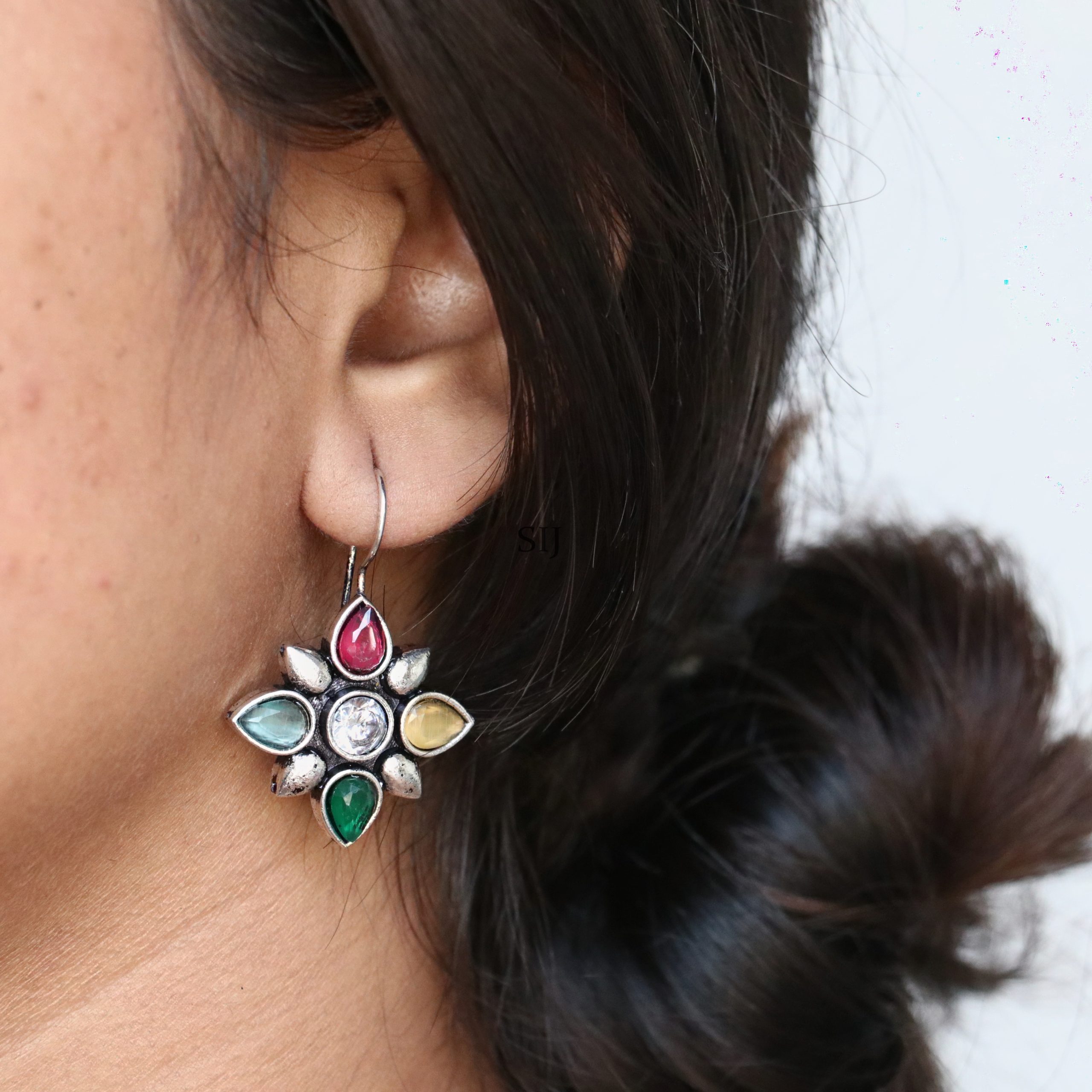 Floral Cut Stone German Silver Earrings