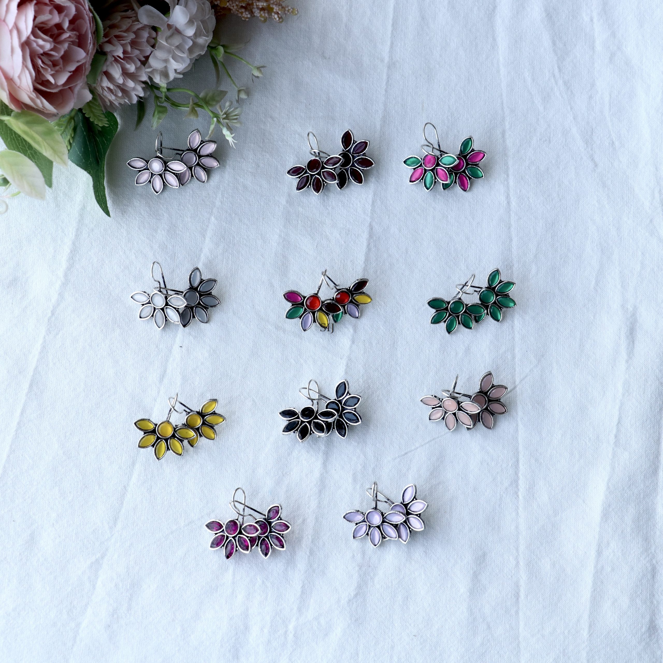 Flower Designe Stone Drop Earrings
