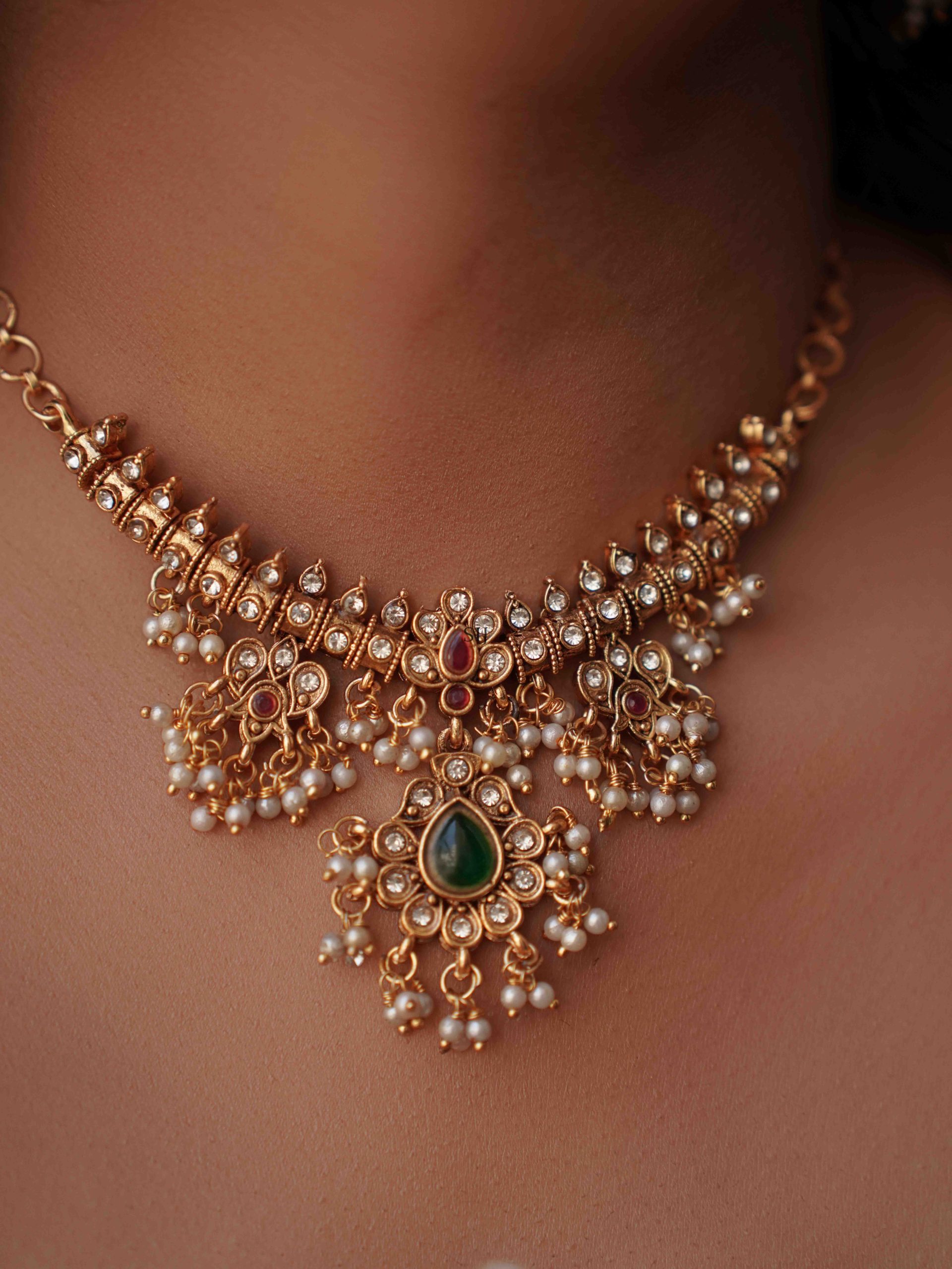 Imitation Ruby and Green Stone Guttapusalu Necklace