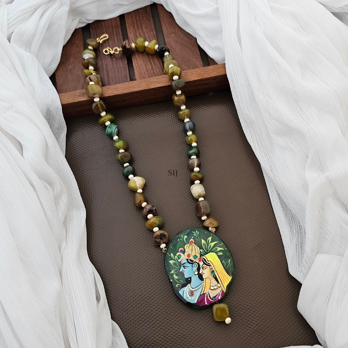 Multi Color Beads with Radha Krishna Green Pendant Necklace