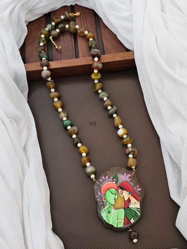 Radha Krishna Pendant with Brown And white Beads Necklace