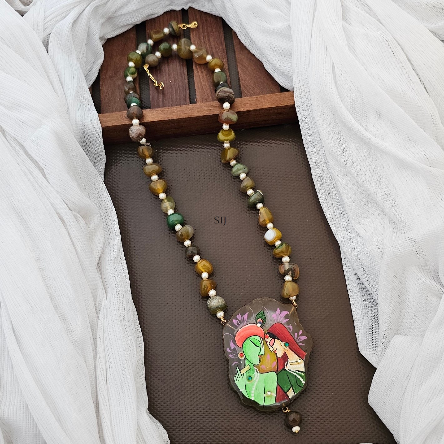 Radha Krishna Pendant with Brown And white Beads Necklace