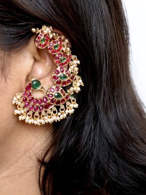 Ruby & Kemp Stone Peacock Design Earcuff Jhumkas