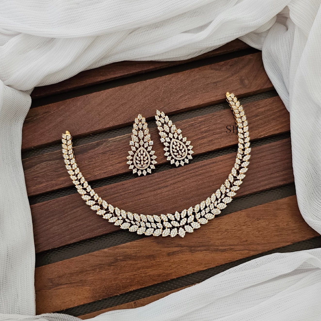 Gold Finish Leaf Design CZ Stones Necklace