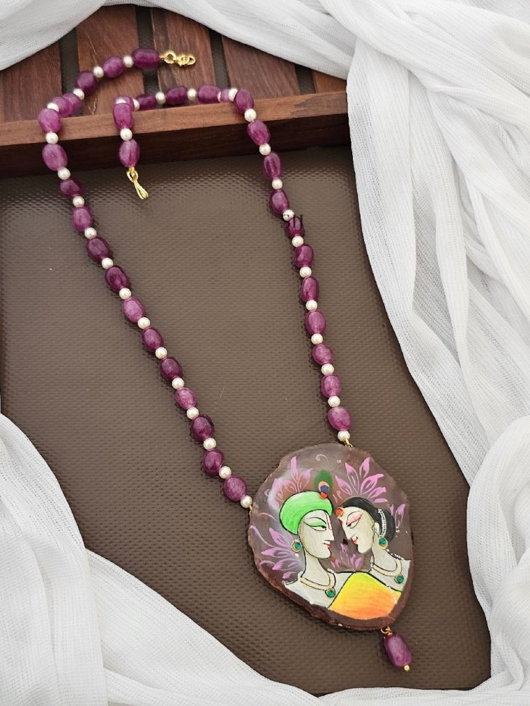 Agate Beads Chain with Radhakrishna Pendant