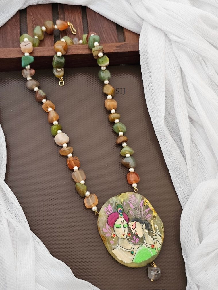 Multi Color Agate Beads Chain with Radha Krishna Pendant