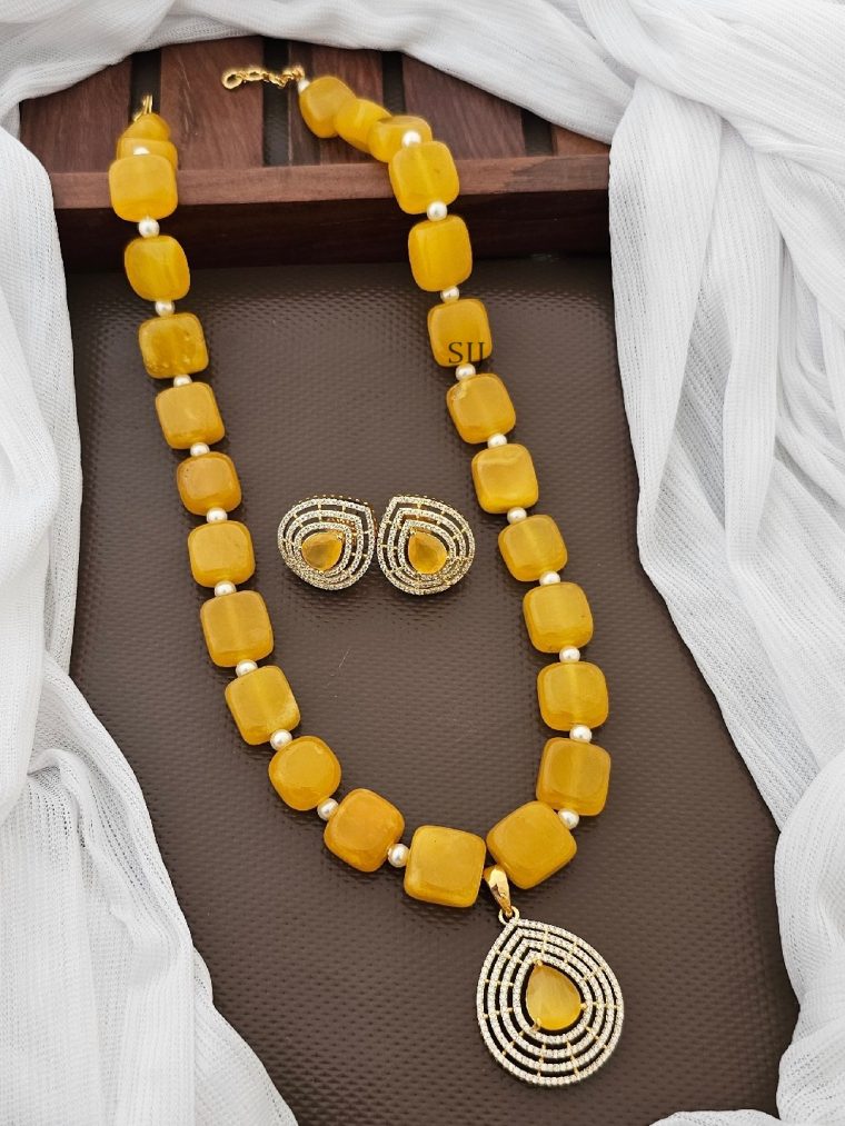 Traditional Yellow Beads Chain with CZ Stones Pendant