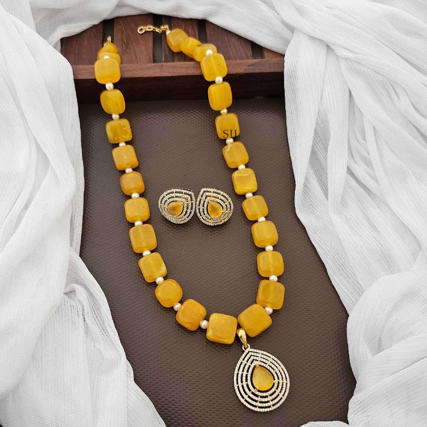 Traditional Yellow Beads Chain with CZ Stones Pendant