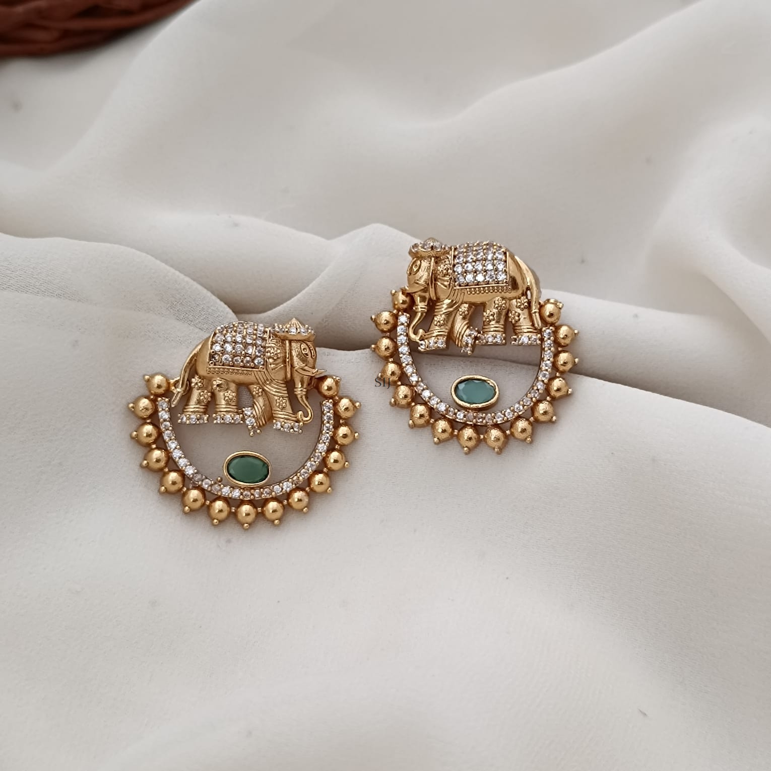 Traditional White and Green Stone Ganesh Earrings