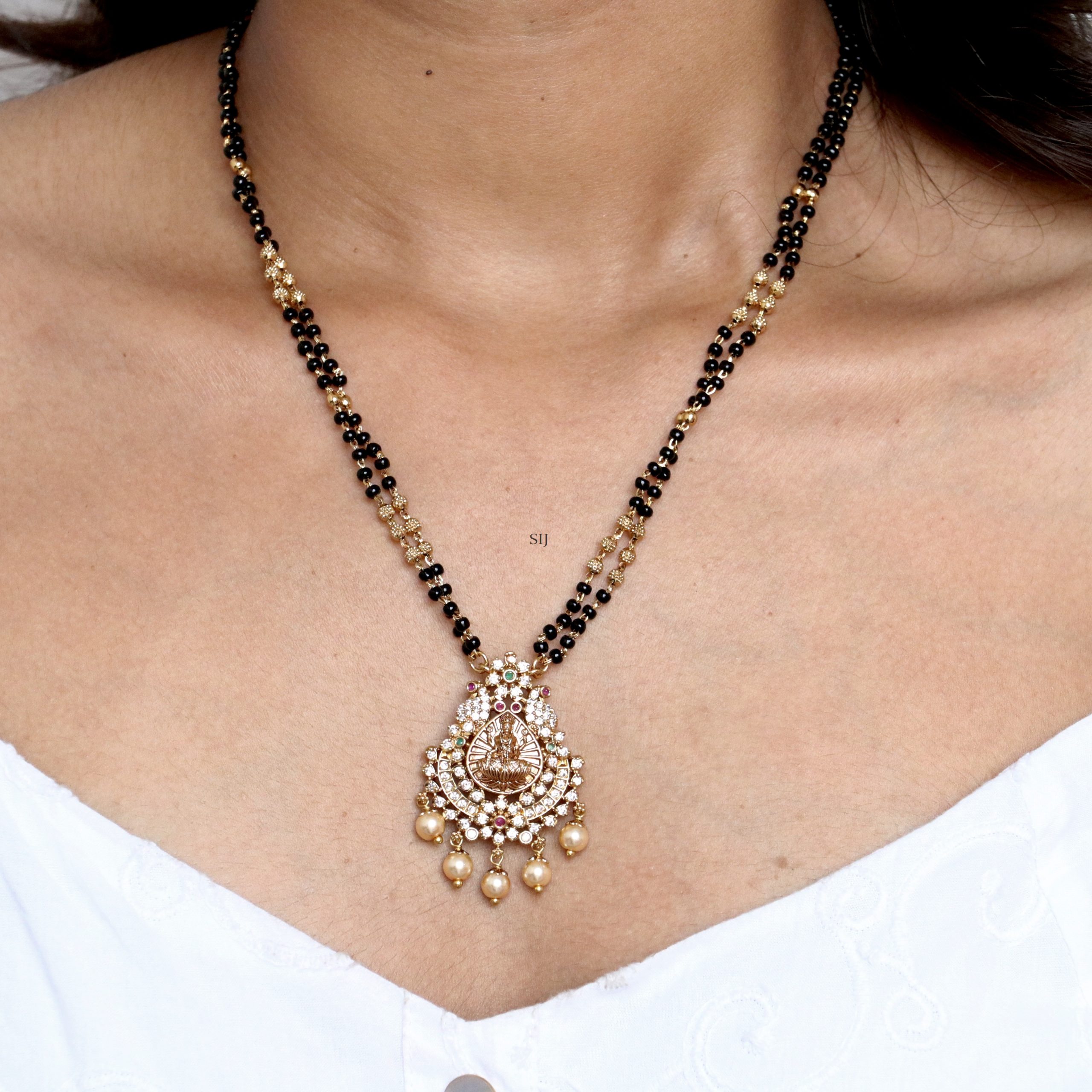 Two Layer Black Beads Mangalsutra with Lakshmi Pendant