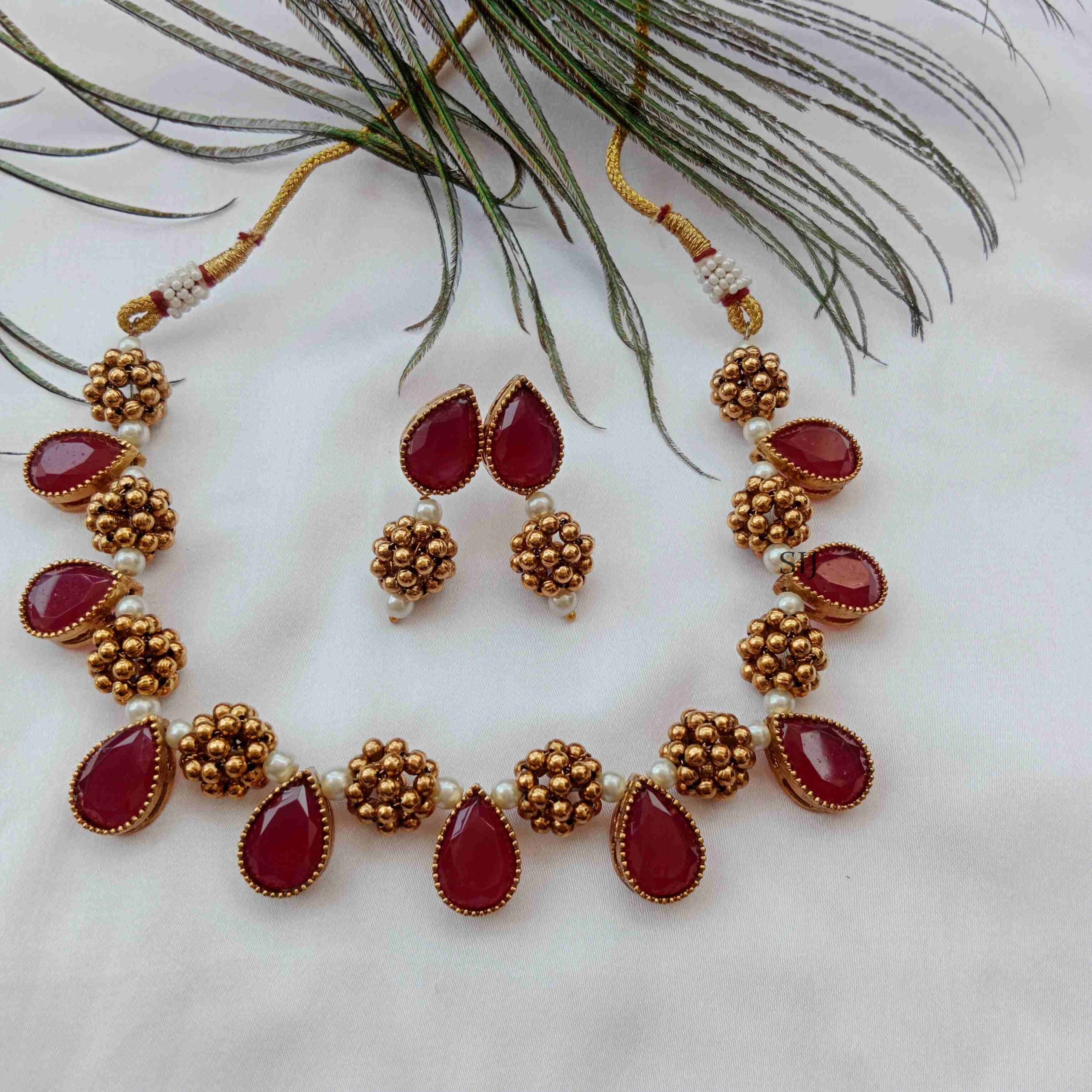 Imitation Ruby With Beaded Necklace Set - South India Jewels