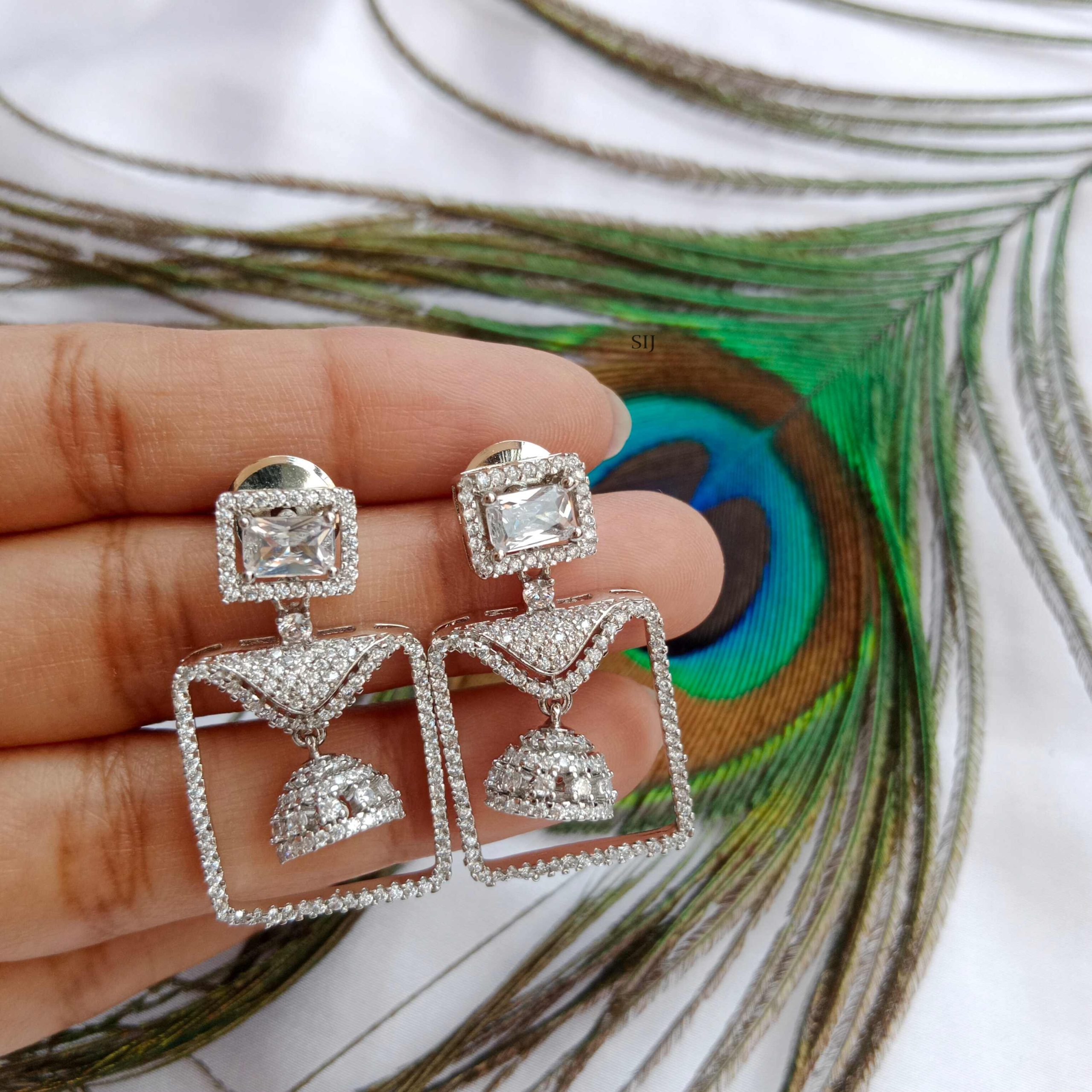 Imitation AD Stones Rectangle Earrings With Jhumkas