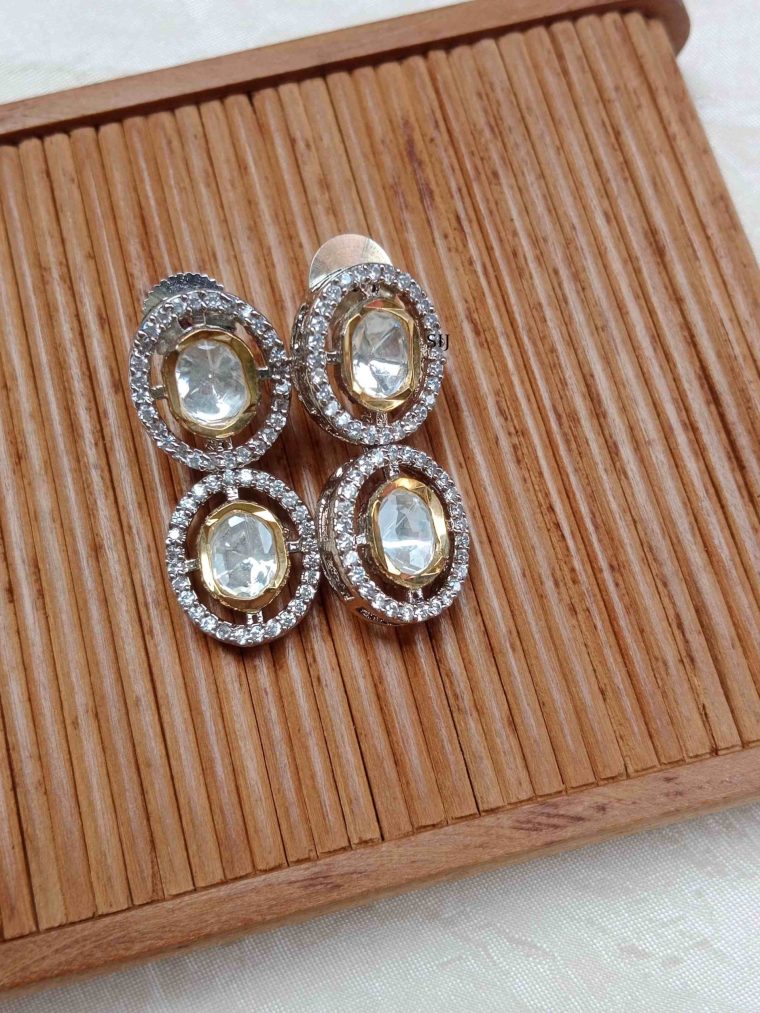 Gold Plated Double Oval Victorian Moissanite Polki Drop Earrings