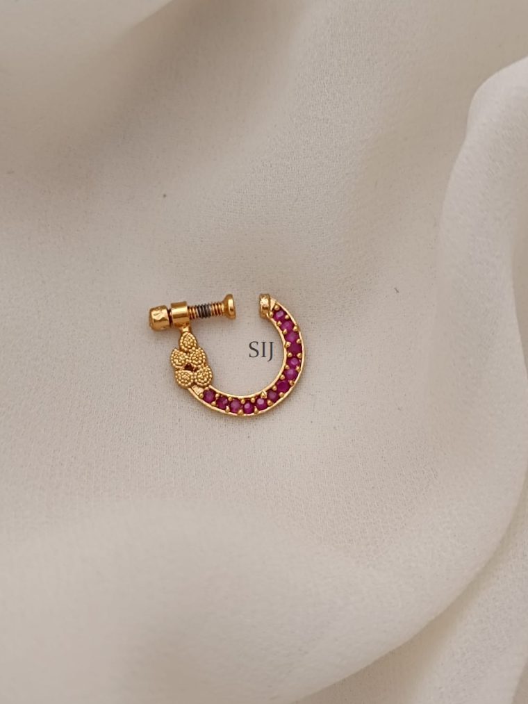 Ruby Stones Flower Design Screw And Ring Type Nose Pin