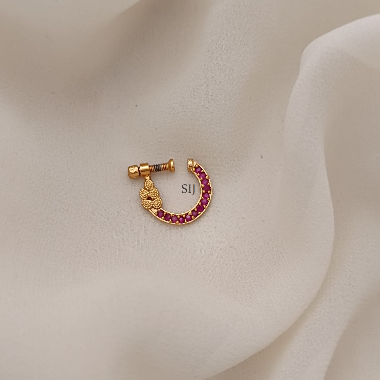 Ruby Stones Flower Design Screw And Ring Type Nose Pin