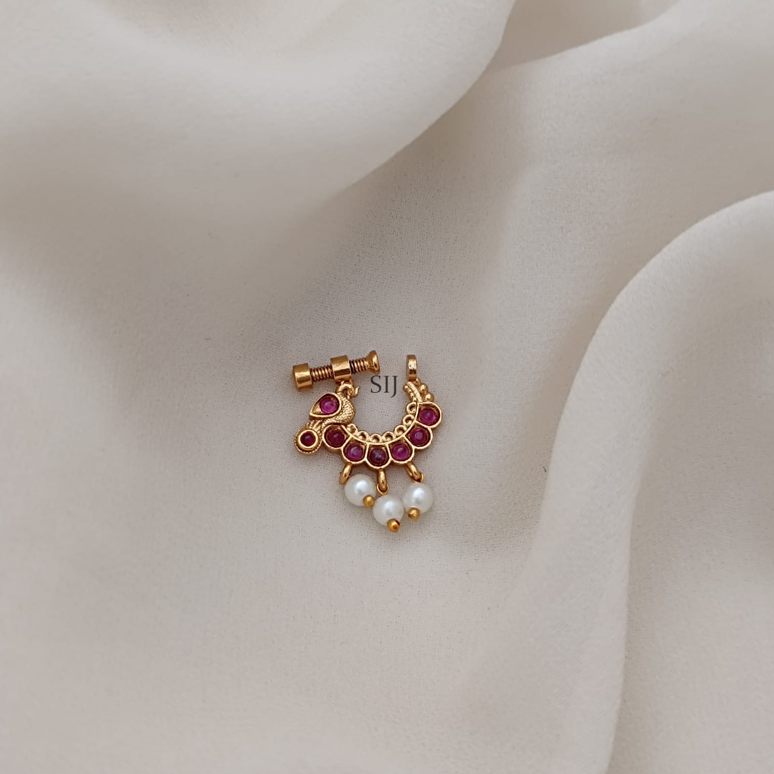 Ruby Stones Bird Shaped Ring Type Nose Pin With Pearl Hanging
