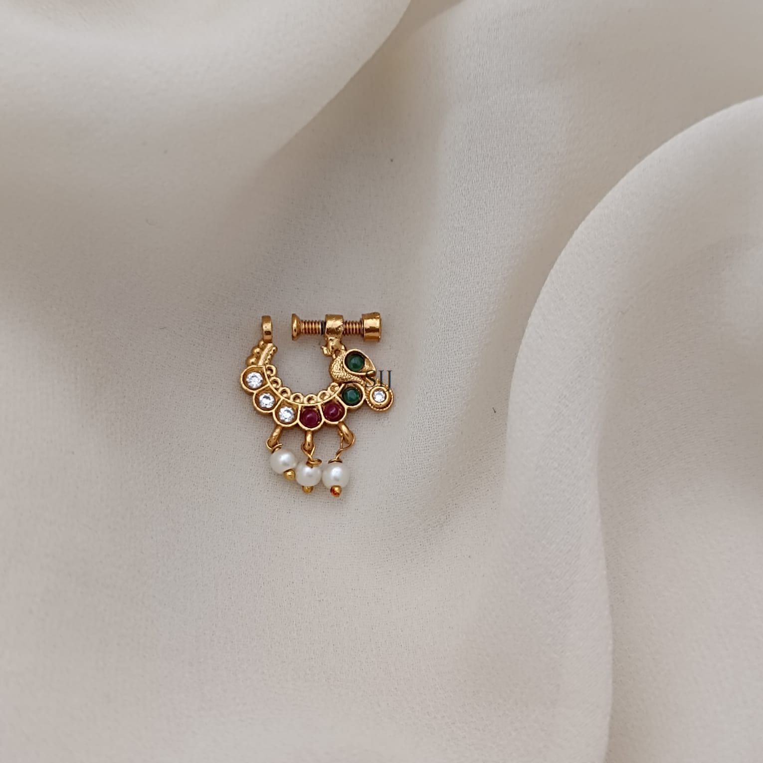 White, Ruby And Green Stones Nose Pin